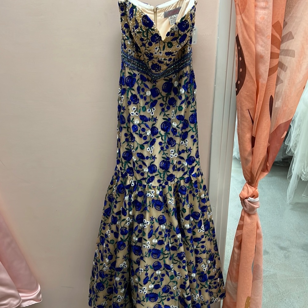 Jovani Blue/White/Green Floral Embroidered Mermaid